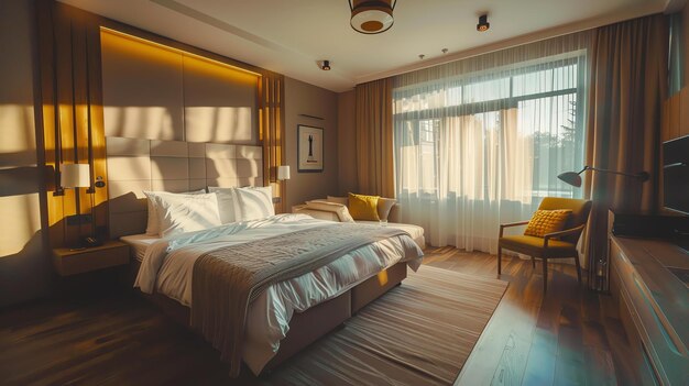 Luksusowy pokój hotelowy z królewskim łóżkiem, miejscem do siedzenia i dużym oknem z widokiem na miasto.