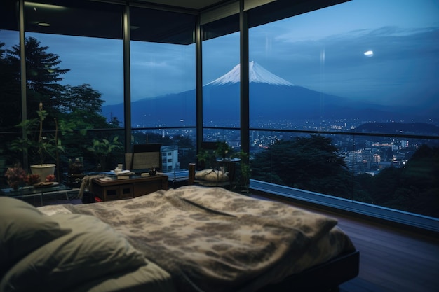 Luksusowy pokój hotelowy z tłem góry Fuji Generacyjna sztuczna inteligencja