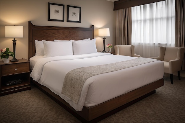 Luksusowy pokój hotelowy ze świeżą czystą pościelą i pluszowymi poduszkami stworzonymi za pomocą generatywnej sztucznej inteligencji
