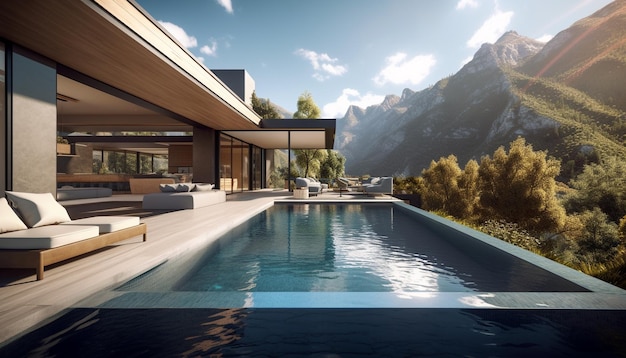 Luksusowy projekt basenu zewnętrznego z nowoczesną architekturą generowaną przez sztuczną inteligencję