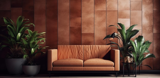 Luksusowy projekt salonu z skórzaną kanapą w środowisku ozdobionym drewnem