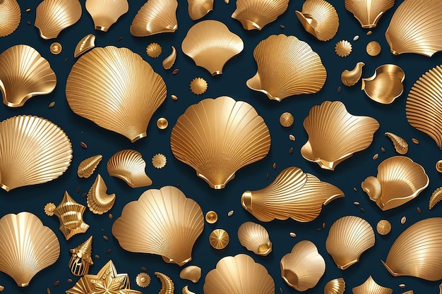 Luksusowy projekt tapety ze złotymi muszlami morskimi i linią muszli morskich w tle do wydruków na tkaninach ściennych i tekstury wektora tła