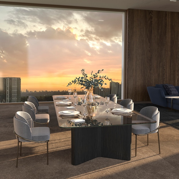 luksusowy salon i jadalnia z słoneczną ilustracją renderowania 3d jasny kolor wystroju wnętrza