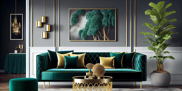 Luksusowy salon w domu z nowoczesnym wystrojem wnętrz zielona aksamitna sofa stolik kawowy pufa złota