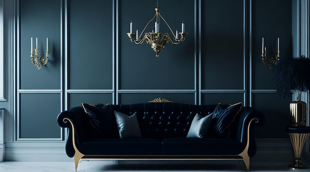 Zdjęcie luksusowy salon z niebieską sofą i stołem na tle pustej ściany