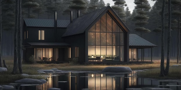 Luksusowy skandynawski dom nordycki w lesie w wieczornej scenie