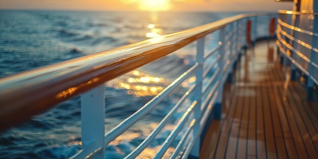 Luksusowy statek wycieczkowy z widokiem balkonu z bliska z pięknym krajobrazem zachodu słońca i dużą przestrzenią na tle tekstu lub reklamy produktu Generatywna sztuczna inteligencja