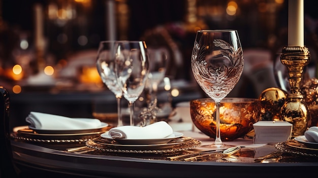 Luksusowy stół do jadalni z nieskazitelnymi naczyniami, eleganckim szkłem i nastrojowym światłem świec