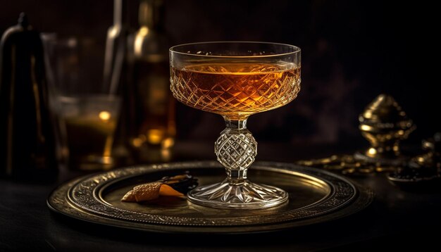 Luksusowy stół do whisky, złoty, odbijający staromodną elegancję, generowany przez sztuczną inteligencję
