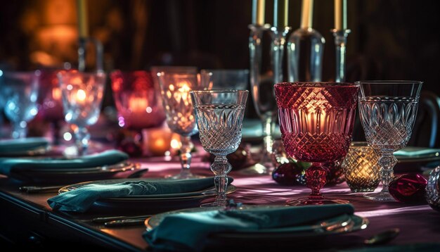 Luksusowy stół jadalny ozdobiony elegancką dekoracją wygenerowaną przez AI