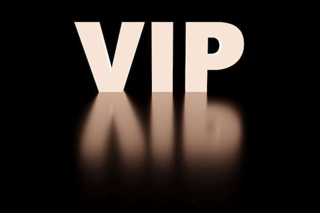 Luksusowy szklany napis VIP na czarnym podium miękkie światło gładkie renderowanie 3d