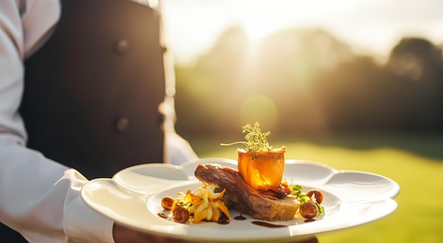Luksusowy talerz z przystawkami serwowanymi przez kelnera podczas wykwintnego wydarzenia na świeżym powietrzu pomysł na wyśmienitą kuchnię postprocessed generative ai