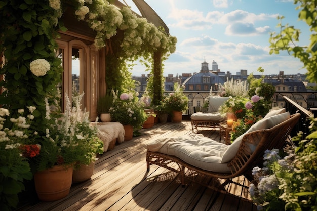 Luksusowy taras z krzesłami i kwiatami w Paryżu Francja Piękny ogród na dachu w mieście ozdobiony bujne zielone rośliny AI generowane