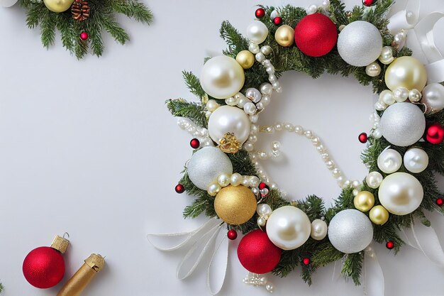 Zdjęcie luksusowy wieniec świąteczny z czerwoną złotą perłą zabawki świąteczne wstążki gwiazdy sosnowe