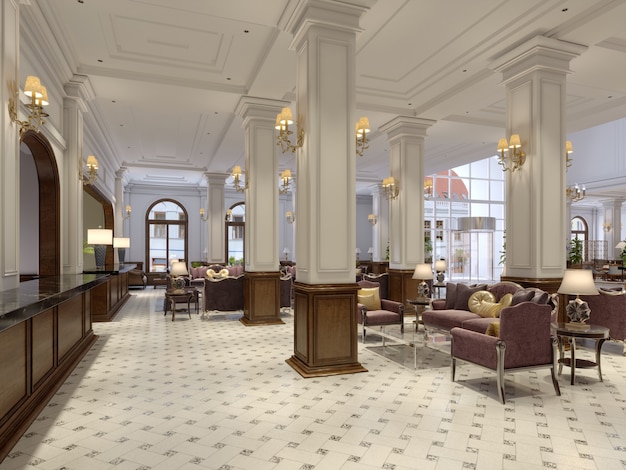 Luksusowy wiktoriański styl wnętrza lobby hotelowego. renderowanie 3d