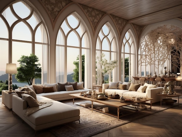 Luksusowy wschodni styl nowoczesnego salonu z rzeźbionymi meblami i łukowymi oknami