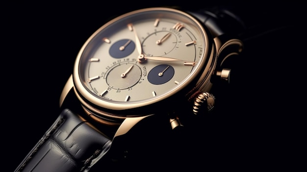 Luksusowy zegarek męski koncepcja handlowa na zamówienie złoty projekt na ciemnym tle postprocesowany generatywny ai