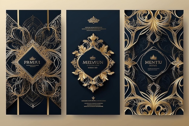 Luksusowy zestaw projektów okładek premium Abstrakcyjne tło ze wzorem złotej linii Królewski szablon wektora dla oficjalnego zaproszenia menu premium
