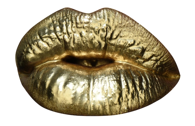 Luksusowy złoty makijaż ust Złote usta ze złotą szminką Złota farba na ustach seksownej dziewczyny Zmysłowa kobieta usta na białym tle Piękno i moda