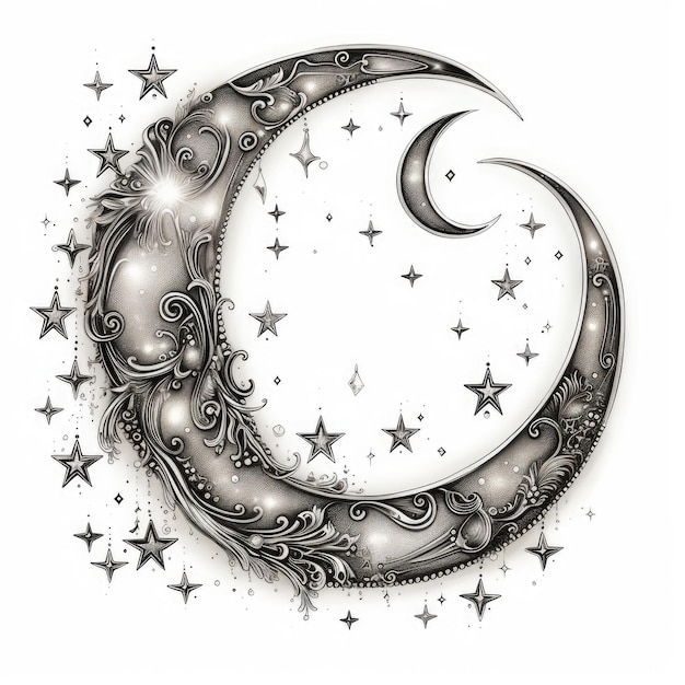 Luminescencyjna harmonia Niebiańska opowieść o srebrnym zarysie półksiężyca i gwiazd na białym płótnie