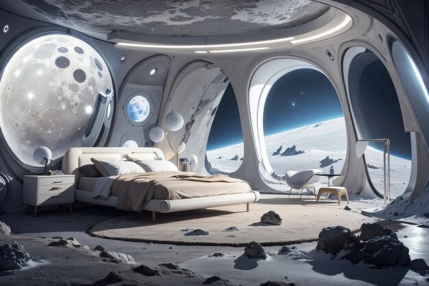 Zdjęcie lunar luxury design - futurystyczna sypialnia na powierzchni księżyca