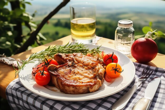 Lunch na wzgórzu z wolno gotowanymi kotletami wieprzowymi na drewnianym stole i na świeżym powietrzu