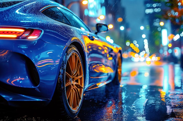 Luxusowy niebieski samochód sportowy z tylnym światłem na ulicy w nocy w mieście z krótkim zdjęciem deszczu
