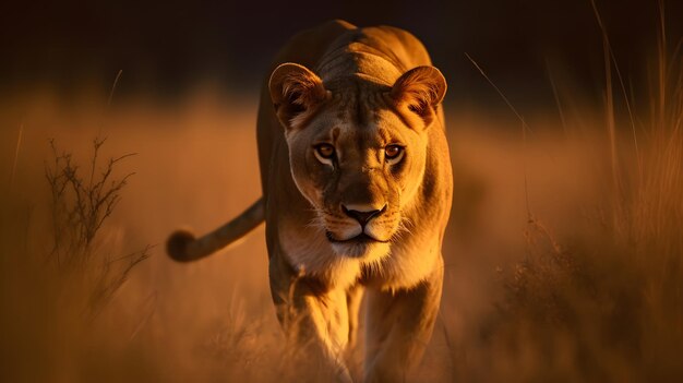 Zdjęcie lwica idzie przez pole trawy.