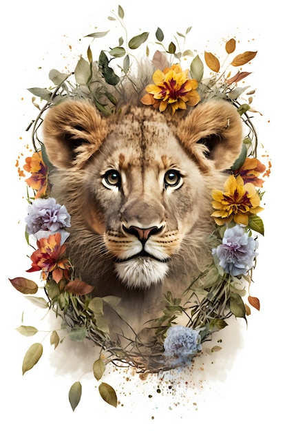 Zdjęcie lwica z kwiatami i liśćmi