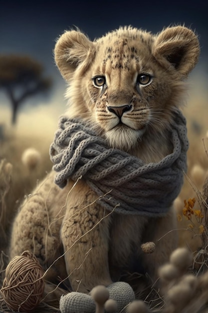 Lwica z szalikiem na szyi siedzi na polu suchej trawy.