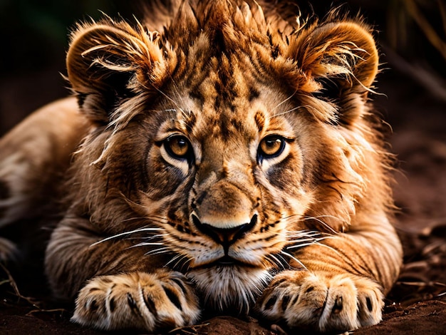 Lwie młode leży na brązowej powierzchni.