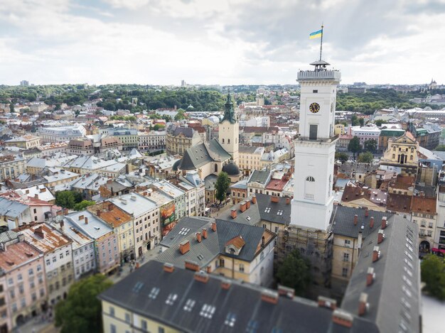Lwów Ukraina panorama centrum widok z lotu ptaka historycznej części miasta drone