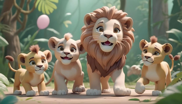 Lwy i dzieci bawią się w dżunglę piękna szczęśliwa postać z kreskówek 3D