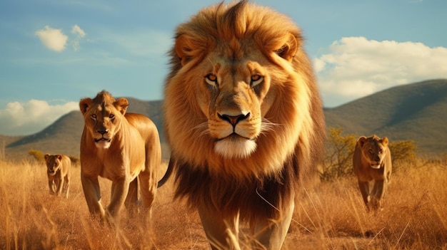 Lwy wędrują swobodnie po afrykańskiej sawannie