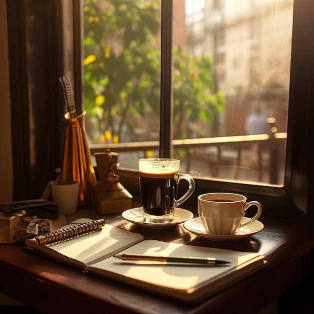 Łyk kawy na talerzu z długopisem i notatnikiem przy oknie