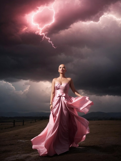 Łysa kobieta stoi na tle ciemnego i burzliwego nieba Symbolizuj nadzieję dla osoby, która przeżyła raka piersi, dzięki sztucznej inteligencji