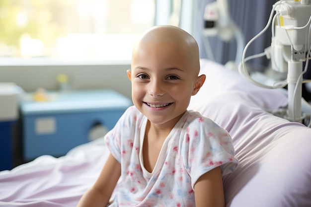 Łysia dziewczyna uśmiechająca się na łóżku w szpitalu z rakiem.