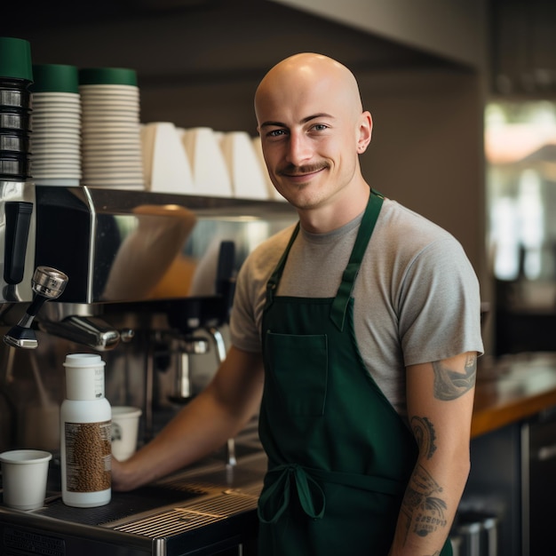 Łysy Fiński mężczyzna w wieku 30 lat pracujący jako barista