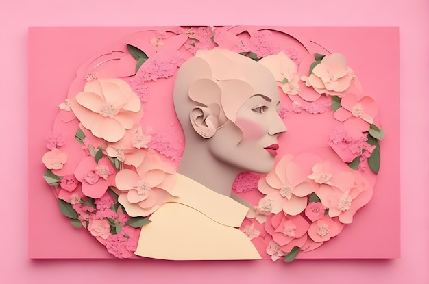 Łysy kobieta z różowymi kwiatami na okręgu papier stylu sztuki ai wygenerowane tło raka piersi