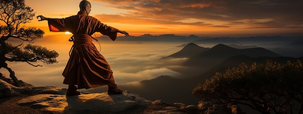 Łysy mężczyzna w tradycyjnych ubraniach na skale pozuje i medytuje podczas treningu kung fu w górach