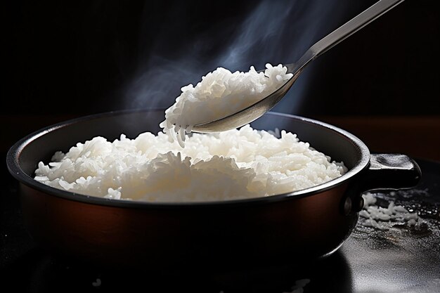 łyżka z ryżem z garnka