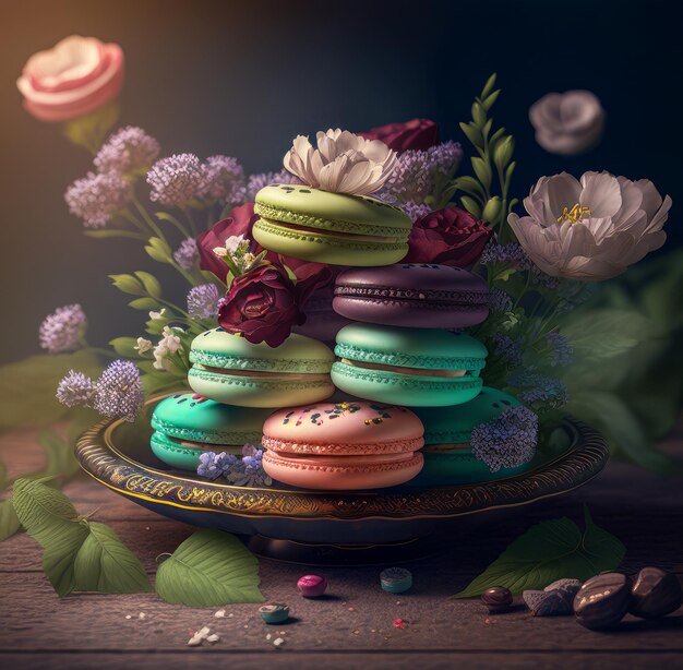 Macarons na talerzu z kwiatami w tle Generative AI