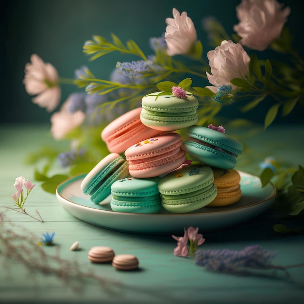 Macarons na talerzu z kwiatami w tle Generative AI