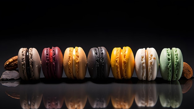 Macarons w różnych kolorach na czarnym stole