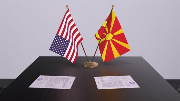 Macedonia Północna i USA przy stole negocjacyjnym Biznes i polityka Flagi narodowe umowa dyplomatyczna