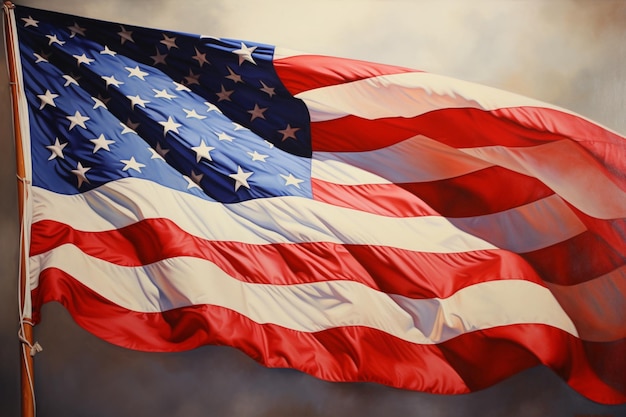 macha amerykańską flagą w pochmurny dzień na tle nieba generatywnej AI