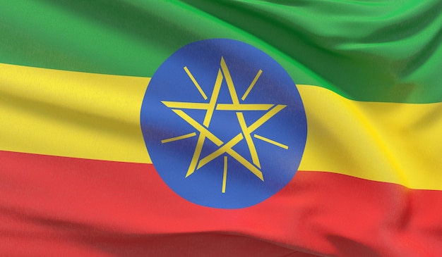 Macha flagą narodową Etiopii. Machał bardzo szczegółowe renderowania 3D z bliska.