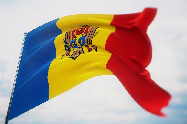 Zdjęcie macha flagami świata - flaga mołdawii. strzał z płytkiej głębi ostrości, selektywne focus. ilustracja 3d.