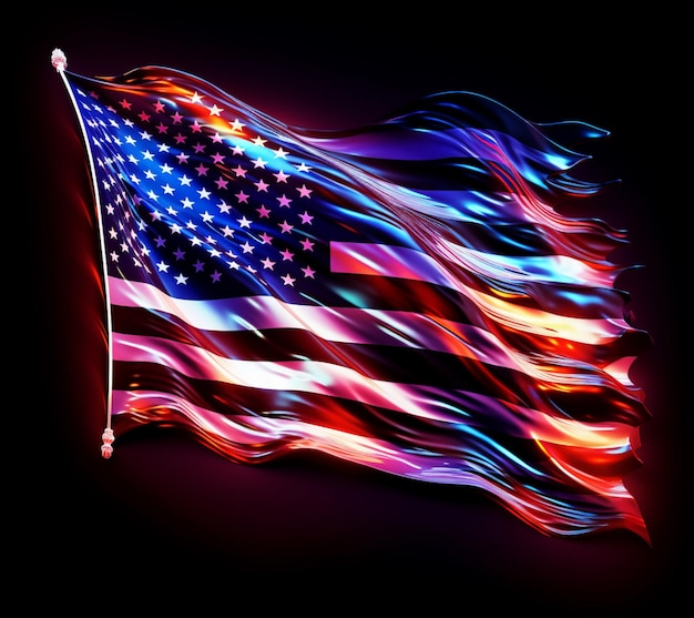Machając amerykańską flagą z kolorowymi światłami na czarnym tle generatywny ai