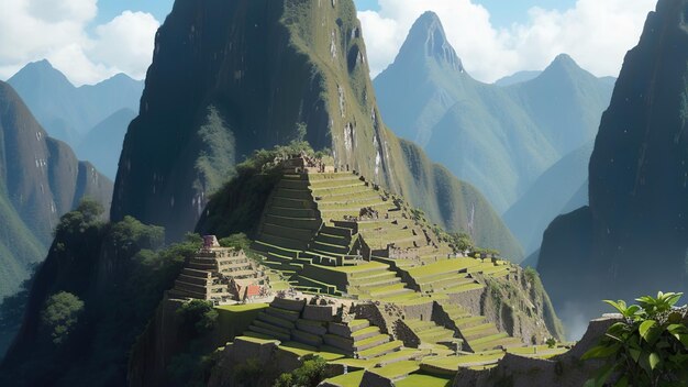 Zdjęcie machu picchu jako futurystyczna metropolia ponownie wymyślona w ilustracji science fiction